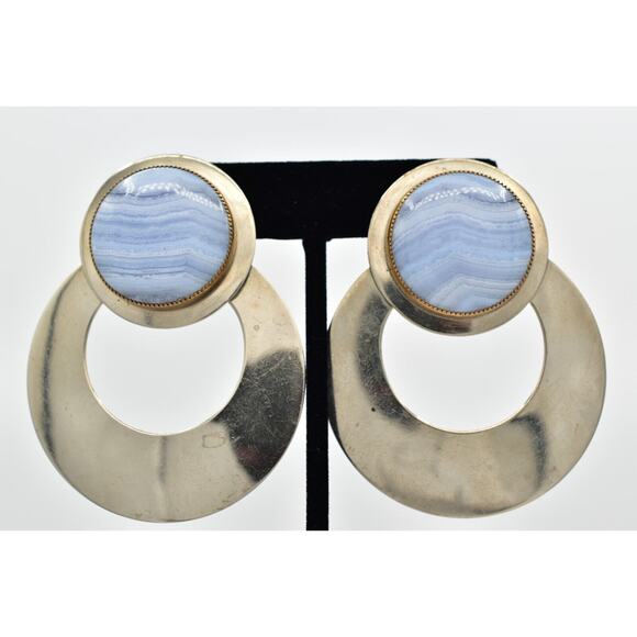 Dizan Diane Blother Vintage Clip On Earrings Blue Lace Agate Chunky Signed BinBK